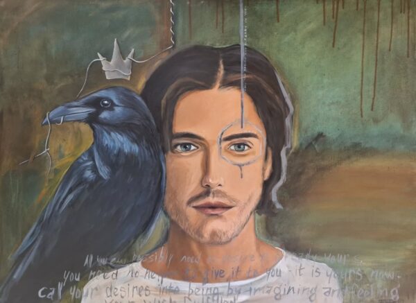 23M28 101x76cm Symbolic painting of man and Raven by South African artist Mariaan Kotze