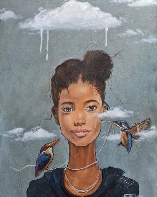 Acrylic painting by Mariaan Kotze South african artist symbolic art of brown girl and Kingfisher birds and a rainy cloud
