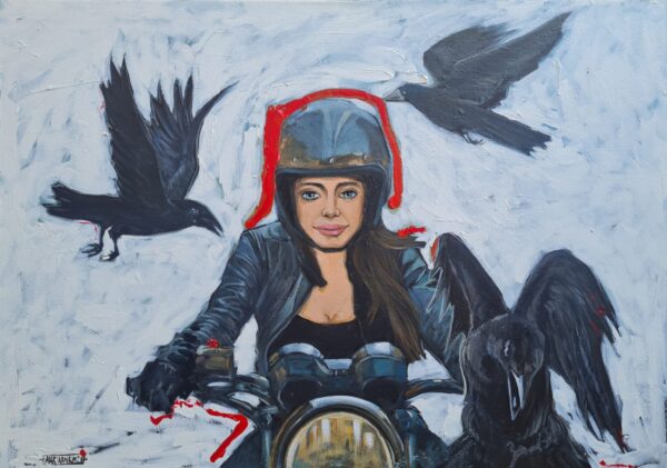 Symbolic painting of girl on bike with crows by South African artist Mariaan Kotze Bikergirl