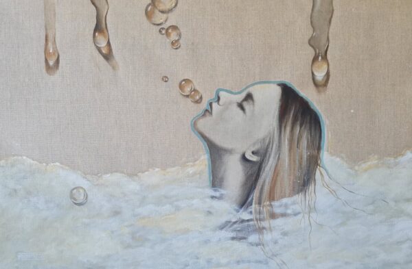 Illustrative painting by South African artist Mariaan Kotze Girl and Water droplets Symbolic art
