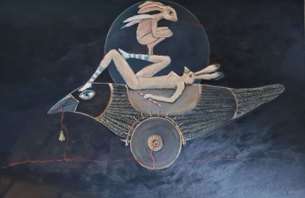 25M28 80x120cm Whimsical contemporary painting in dark colours by South African artist Mariaan Kotze Toylike steampunk black bird with human like rabbits on it